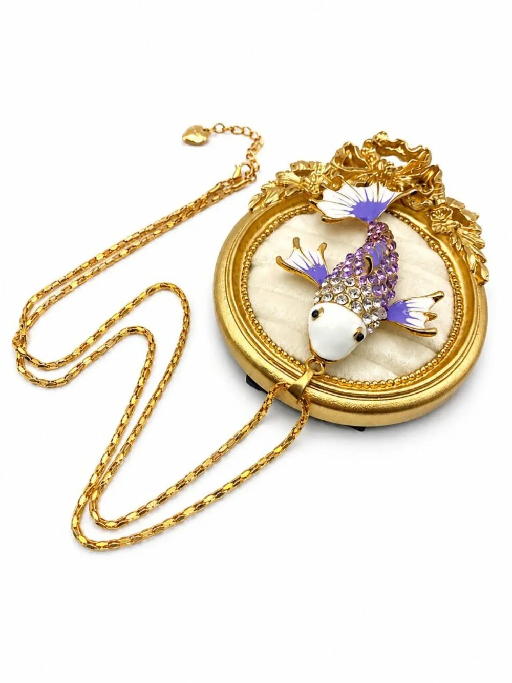 Betsey Johnson Koi Fish Pendant Necklace Purple Enamel Crystal Rhinestone Gold T